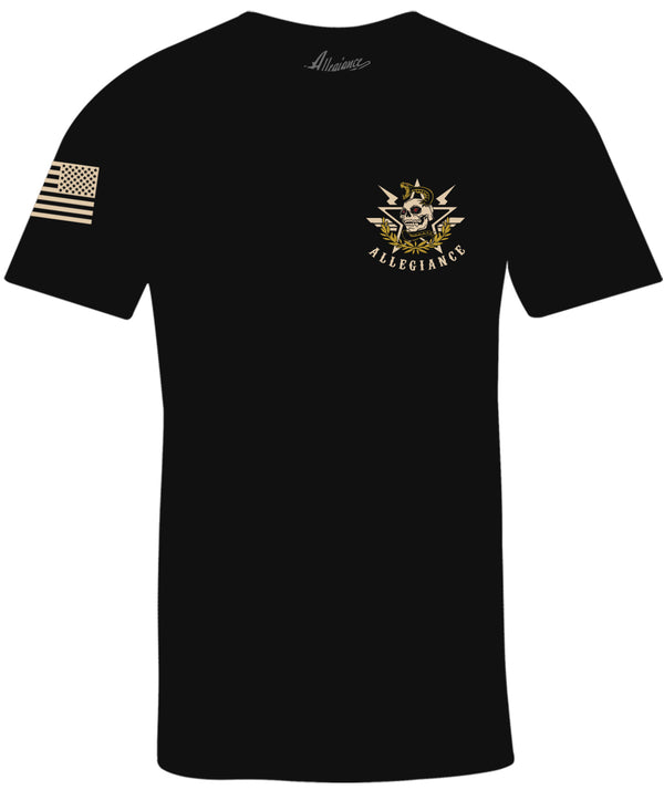 Front of Commando Tee in black featuring small skull and snake chest graphic with American flag printed on the sleeve.
