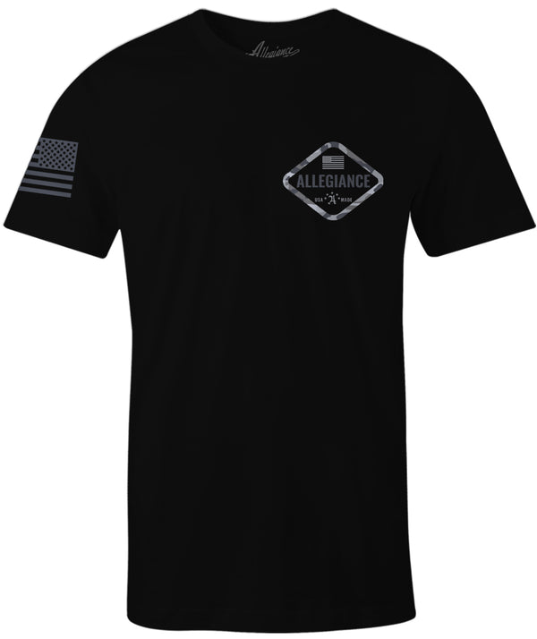 Front of Hex Camo Tee in Black with small chest graphic and American flag sleeve print