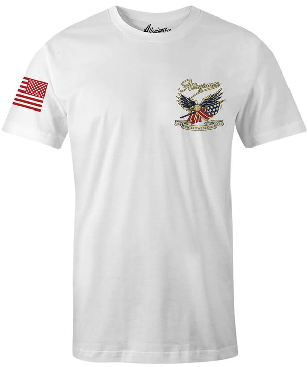 Front of Loyalty Premium Tee in white featuring small patriotic bald eagle chest graphic holding crossed American flags with "United We Stand" banner.