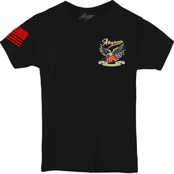 Front view of Loyalty Youth Tee with eagle and American flag chest graphic and red sleeve flag print.
