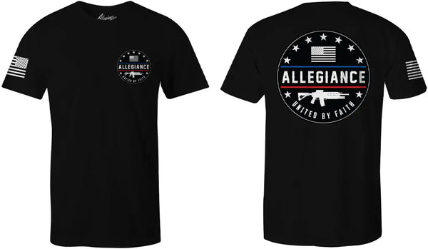 Flat lay of Combat Back Hit Tee in black showing full front and back design with patriotic sleeve detail