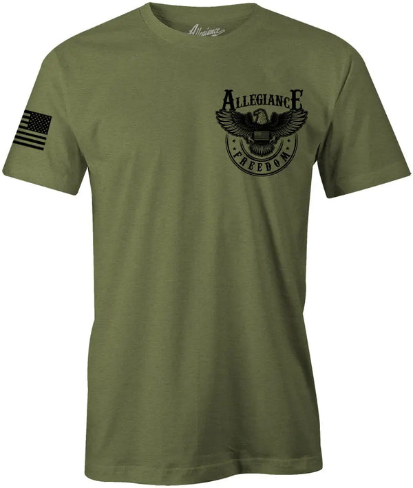 Front of Freedom Eagle Premium Tee in OD Green featuring small Freedom Eagle chest graphic and American flag on the sleeve.