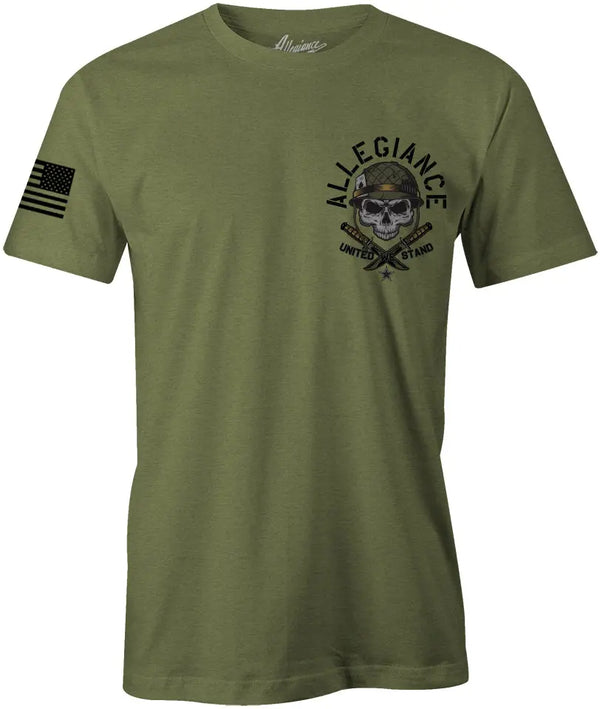 Front of Spade Premium Tee in OD Green with small chest graphic and American flag sleeve print