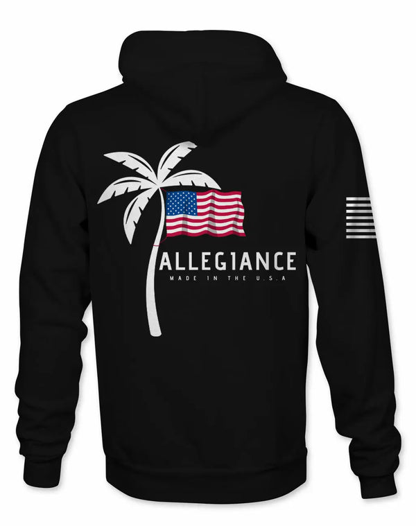 Back view of Allegiance Vibe Hoodie with palm tree and American flag graphic