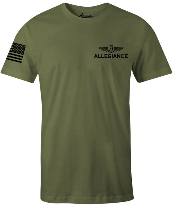 Front view of Brentling Premium Tee in OD green with small Allegiance anchor and wing logo
