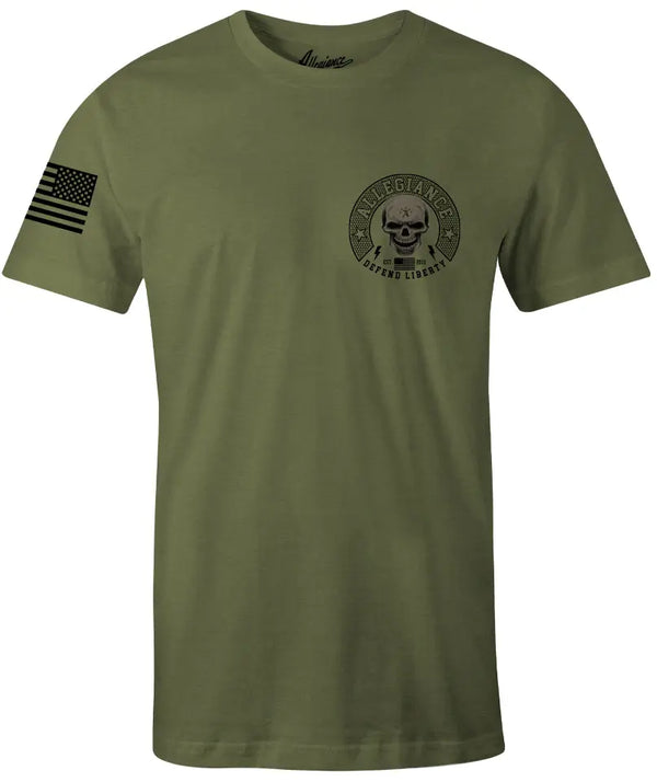 Front of Defender Premium Tee in OD Green with small chest graphic and American flag sleeve print