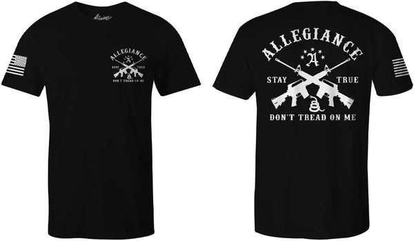 Flat lay of Don't Tread Back Hit Tee in black showing full front and back design with patriotic sleeve detail
