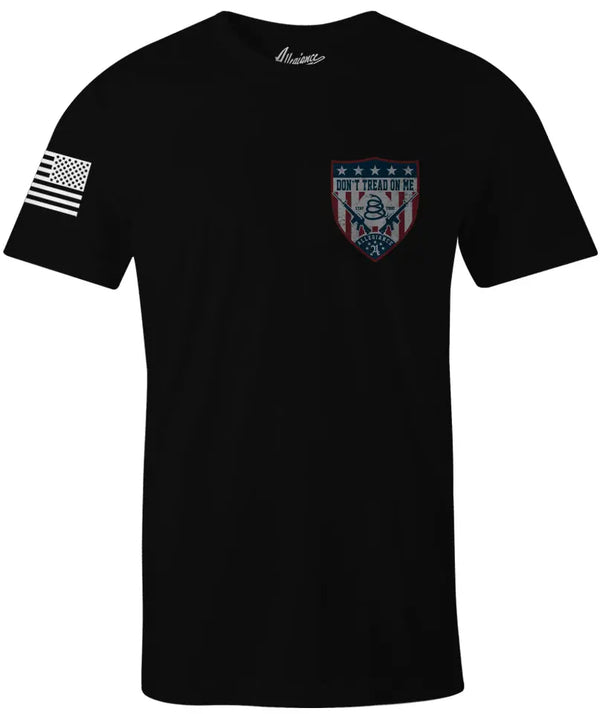 Front of Don't Tread Shield Tee in black with small chest graphic and American flag sleeve print