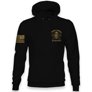 Front view of Honor & Courage Hoodie with gold tactical skull chest graphic and American flag sleeve print.