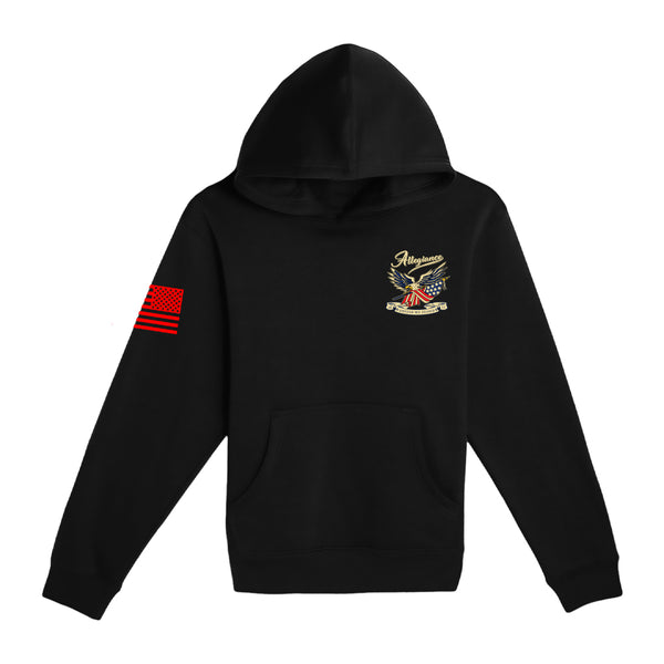 Patriotic Loyalty Youth Hoodie front view with small eagle-and-flag chest print.