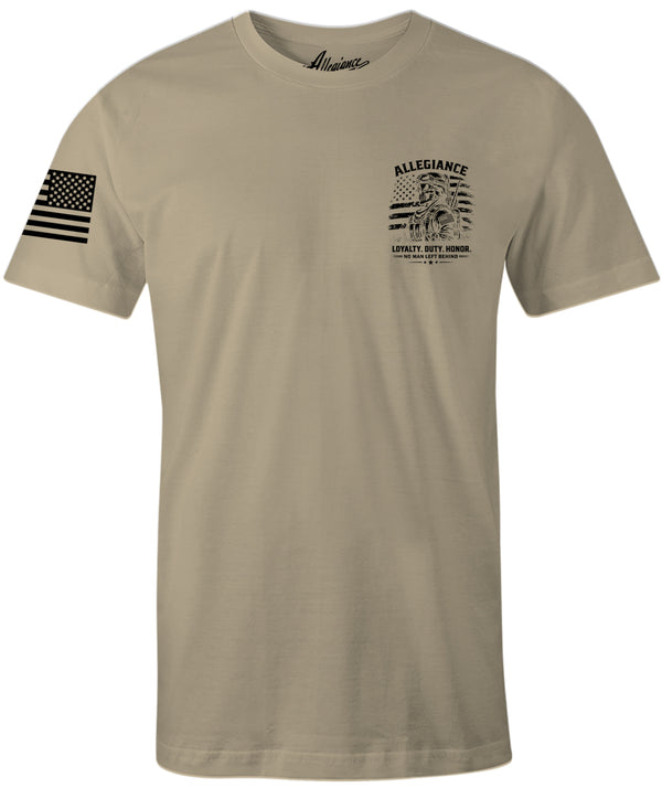 No Man Left Premium Tee sand with small front chest print and American flag sleeve