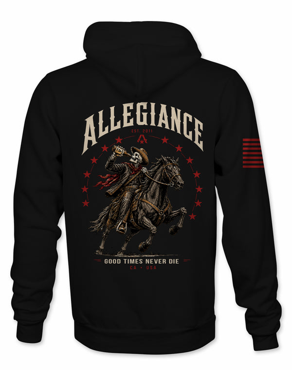 Allegiance Never Die Hoodie black skeleton cowboy graphic back